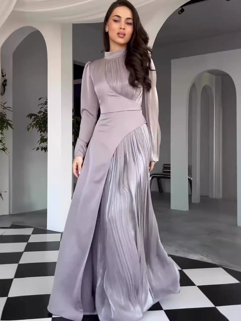 Women's Irregular Color Contrast Patchwork High Waist Pleated Slingback Long Dress