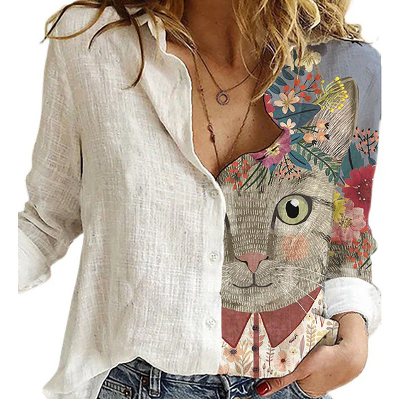 Classic Women's Shirt Printed Long-sleeved Casual Blouse