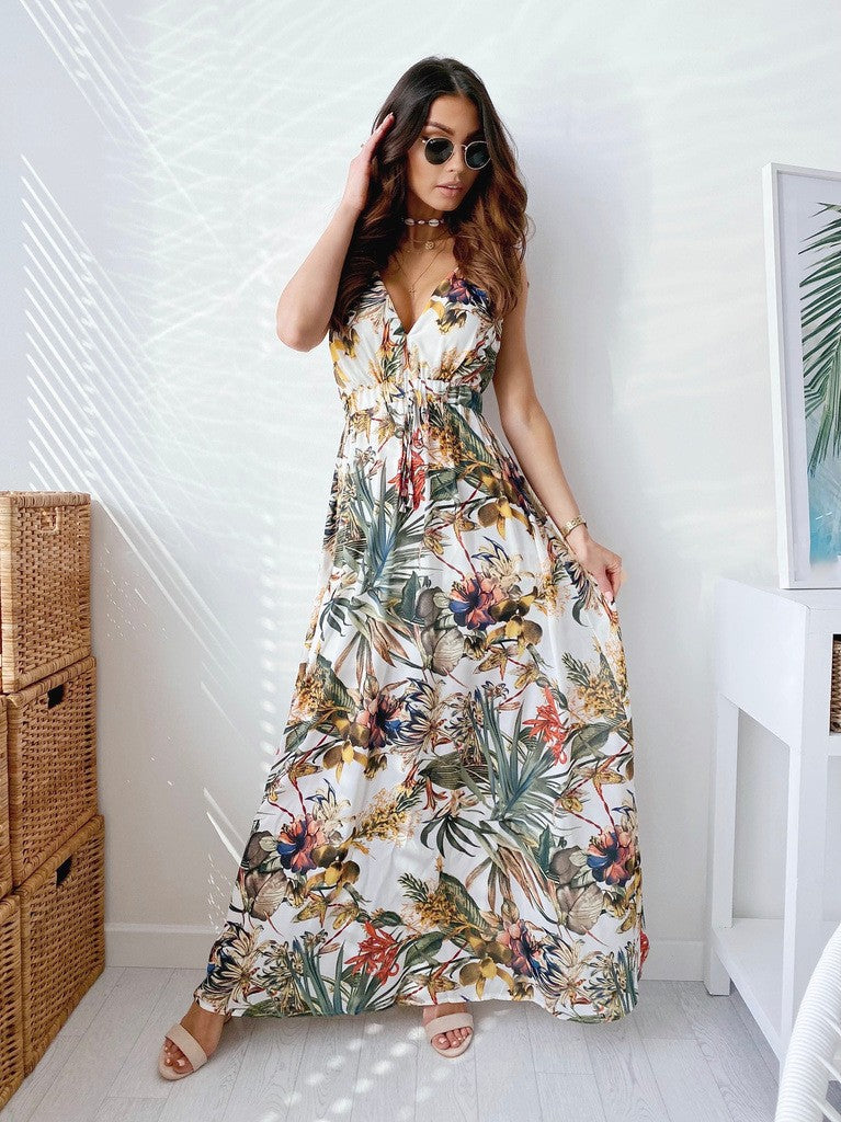 Trendy Summer Print Backless Lace Up Dress