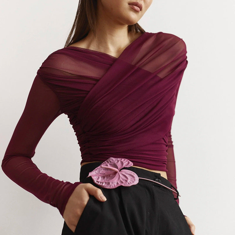 Women's Autumn Pure Color Mesh Sexy Pleated Tops