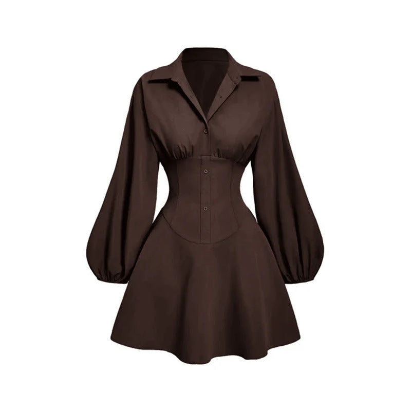 Autumn Pure Sexy Style Fashion Polo Collar Solid Color Versatile Dress