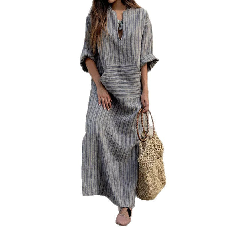 Women's Cotton Linen Yarn-dyed Striped Loose Pockets Dress