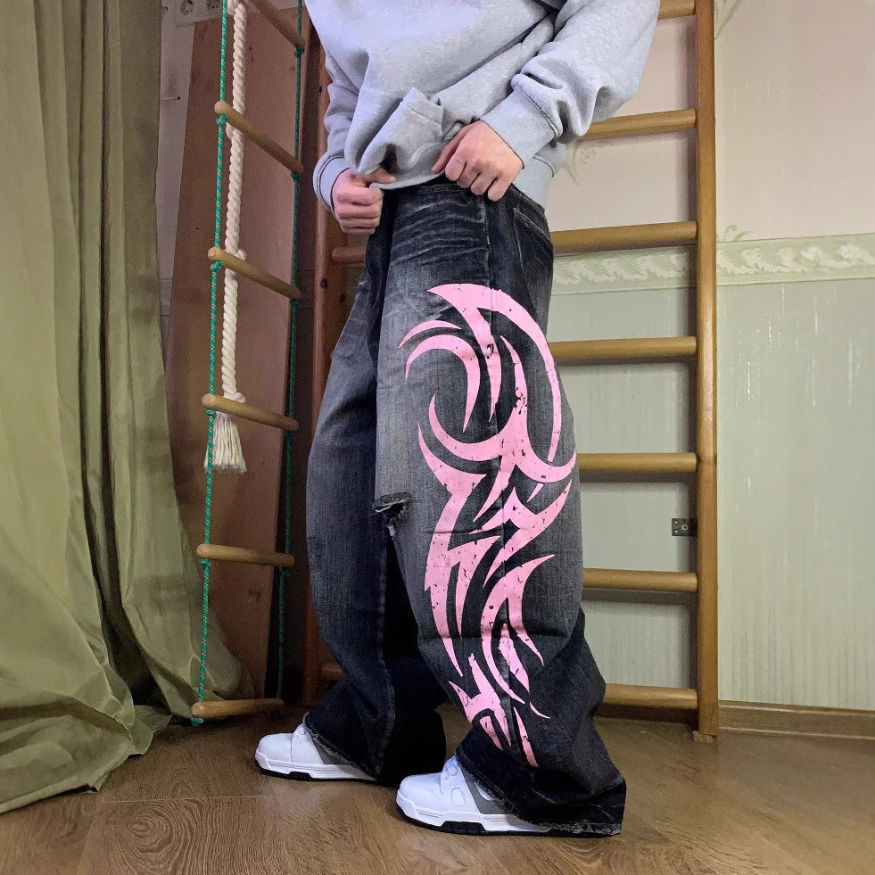 Women's & Men's American Printed High Street Design Sense Mop Women's Jeans
