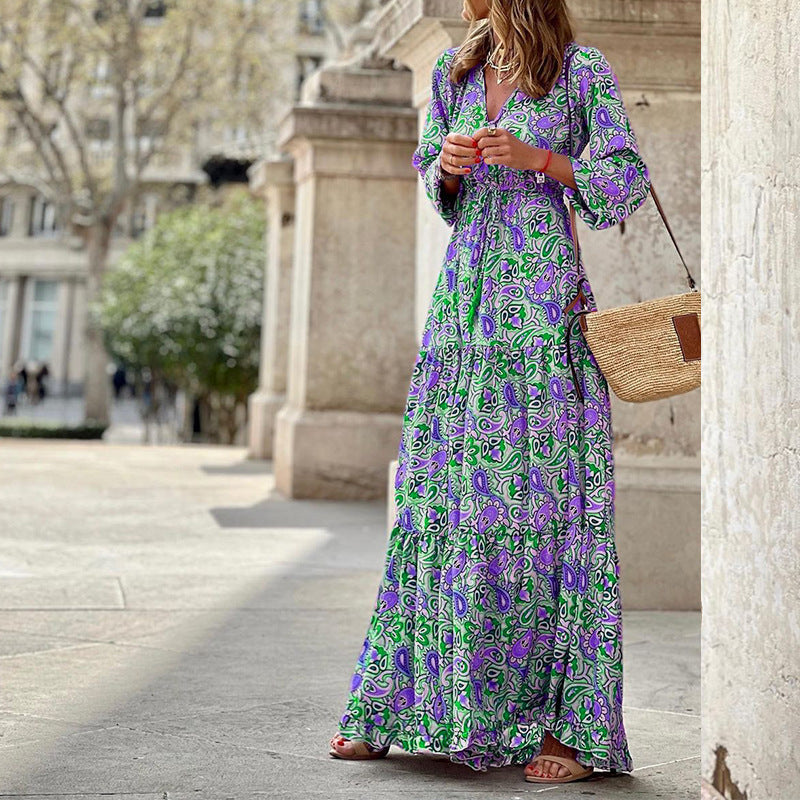 Women's Spring Elegant Bohemian Printed Large Swing Dress