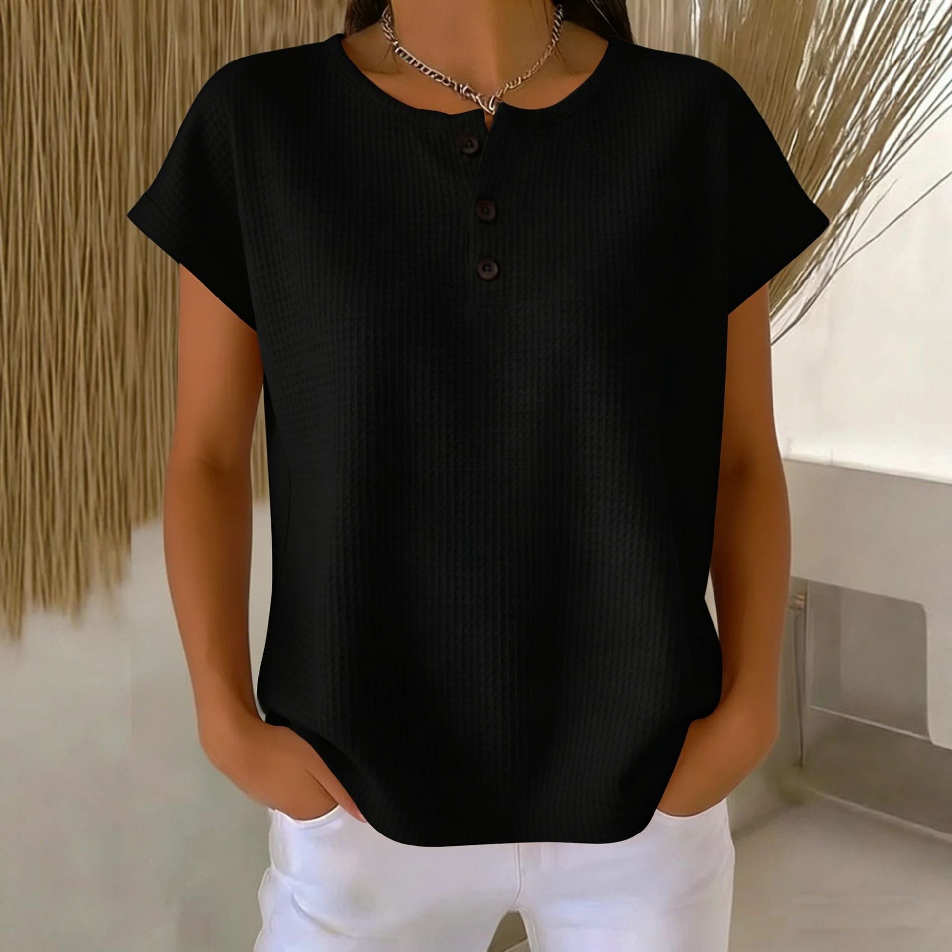 Women's Design Sleeve Summer Half Open Placket Casual Shorts