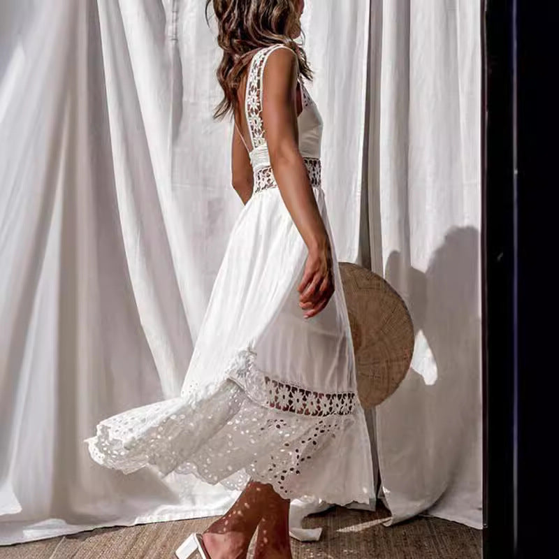 Fashion Lace Sleeveless Stitching Big Swing Dress