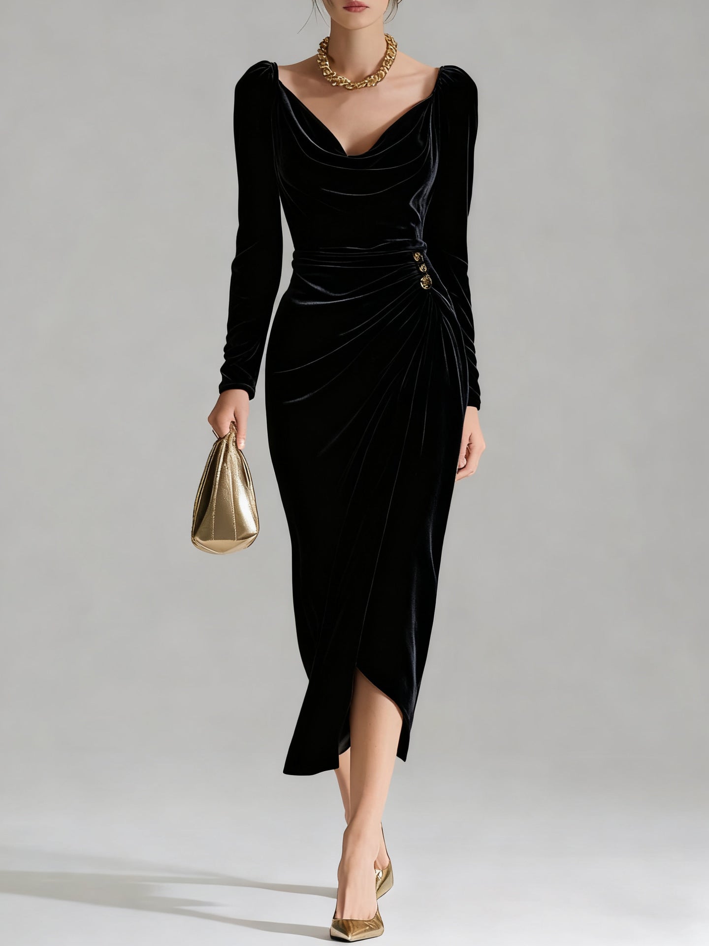 Women's Gold Veet Sexy Slimming Long Sleeves Pleated Slit Dress