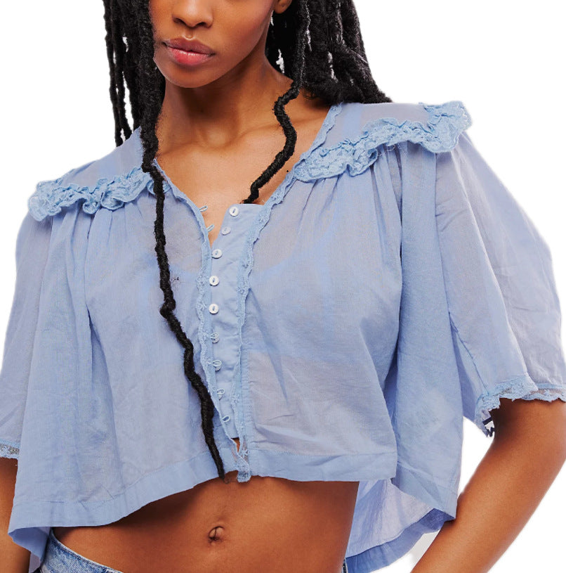 Women's Lace Collar Pure Cotton Solid Color Loose Fashion Blouse