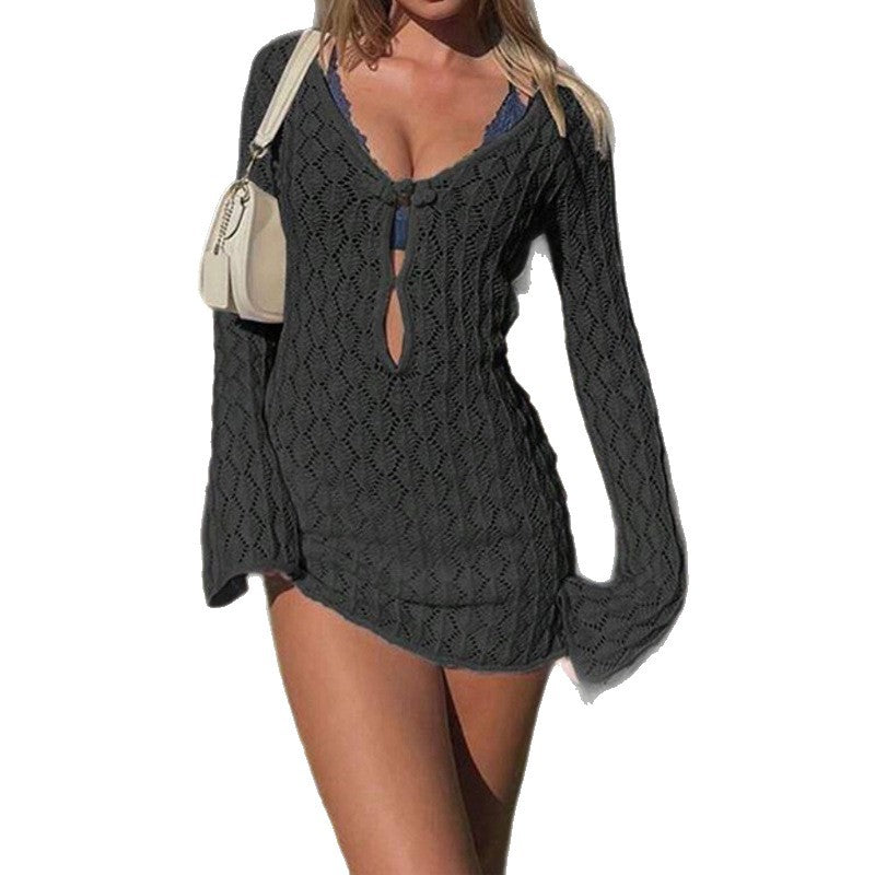 Women's Tight Waist Solid Color Elegant Hip Hollow Texture Knitted Dress