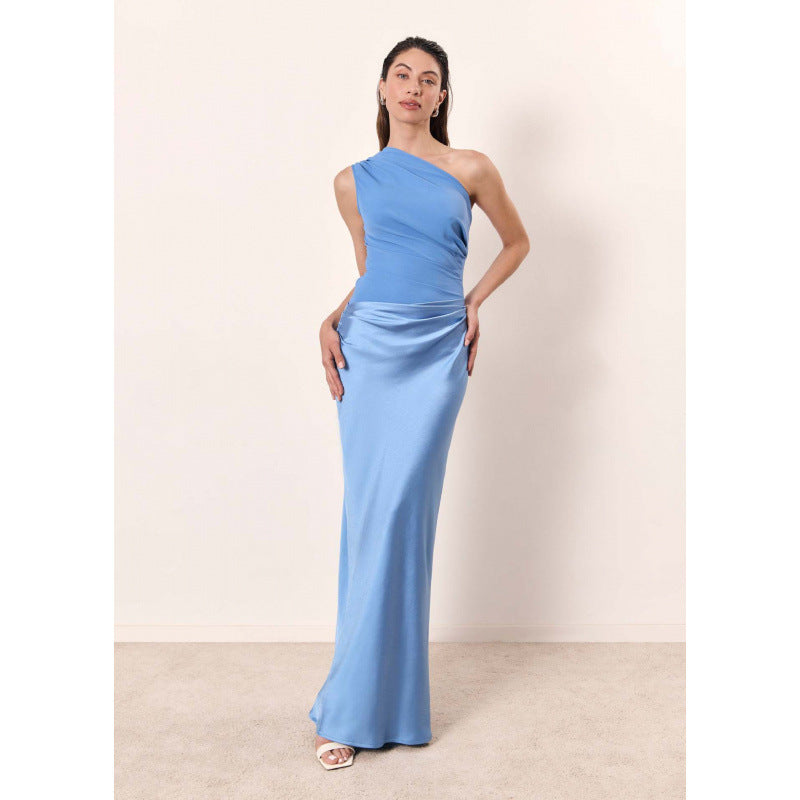 Color Diagonal Collar Sleeveless Maxi Slant Dress