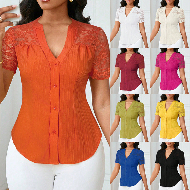 Fashionable Single-breasted Solid Color Embroidery Hollow Women's T-shirt