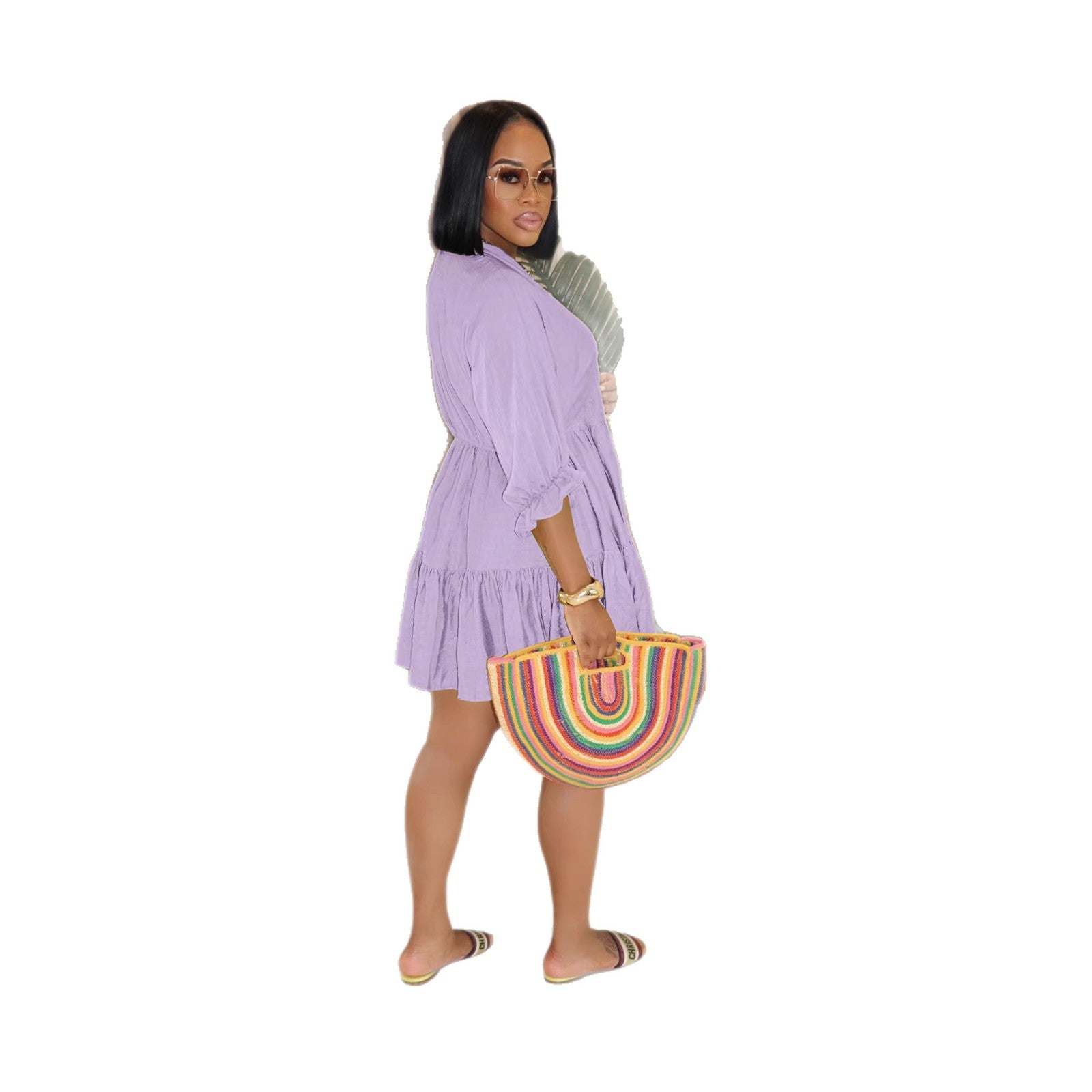 Women's Color Casual Loose Waist Sleeve Large Hem Shorts