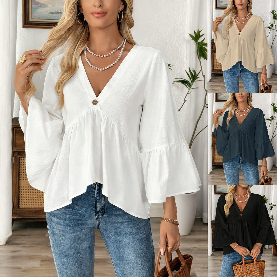 Women's Solid Color Ruffle Sleeve Cotton Female Blouse