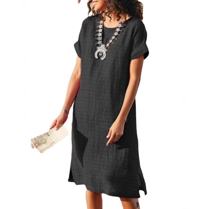 Women's Short-sleeved Casual Round Neck Side Slit Dress