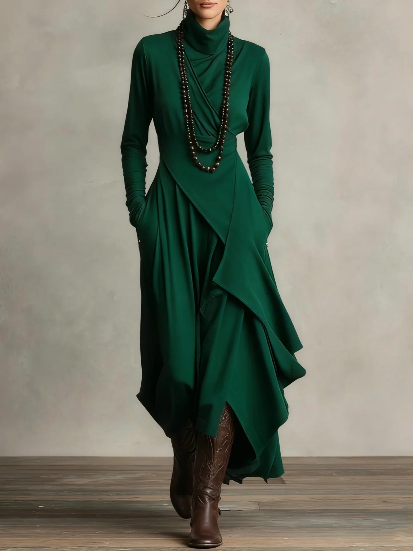 Women's European Solid Color Long Sleeve Cross Dress