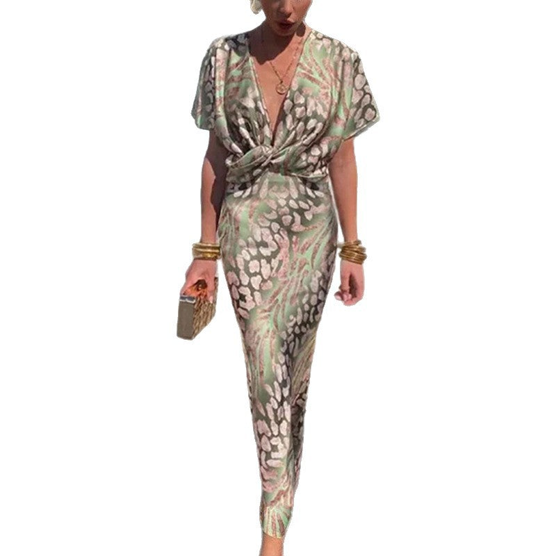 Women's Spring Fashion Knot Printed Sexy High Dress