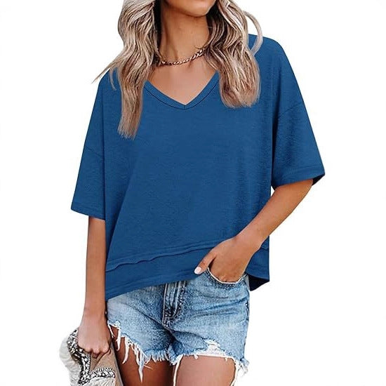 Women's Solid Color Half Sleeve Hem Stitching Women's T-shirt