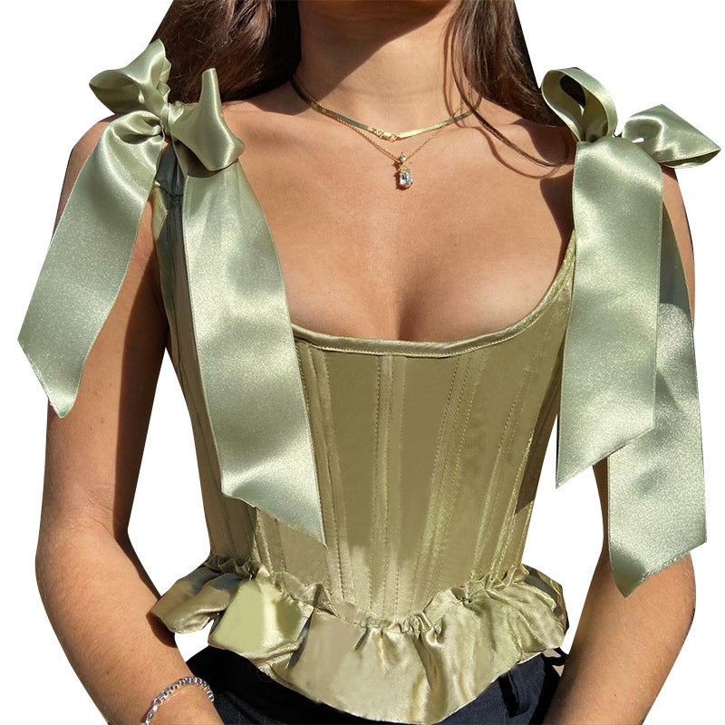 Nine Fishbone Waist Bow Shoulder Strap Ruffled Female Women's T-shirt