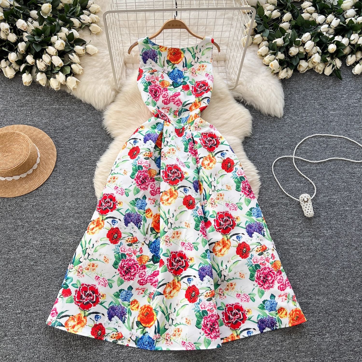 Women's Small Fashionable Retro Waist Slimming Sleeveless Fashion Printed Dress