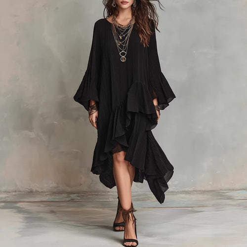 Beautiful Unique Elegant Asymmetric Ruffled Black Dress