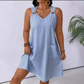 Creative Round Neck Pocket Striped Overall Skirts