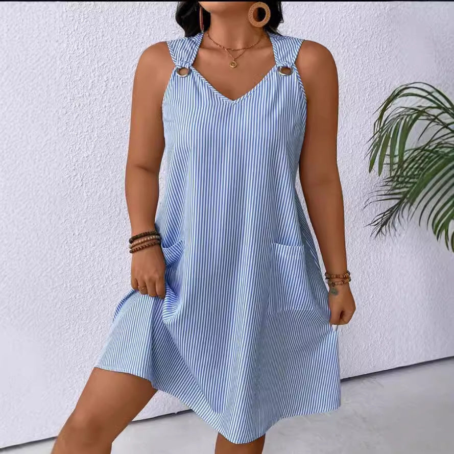 Creative Round Neck Pocket Striped Overall Skirts