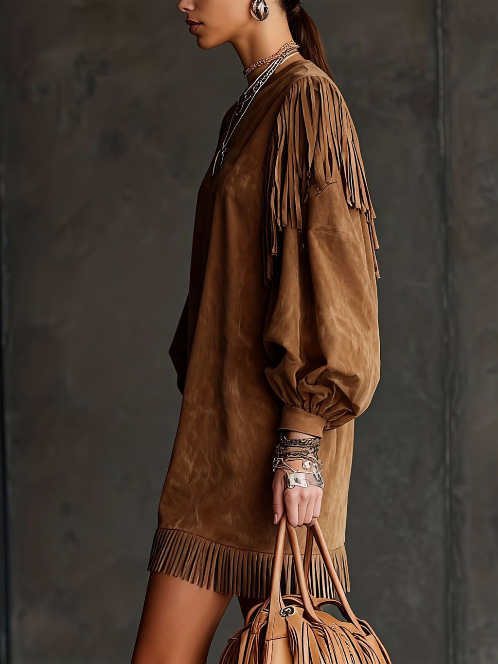 Women's Retro Western Style Suede Tassel Lantern Sleeve Loose Dress