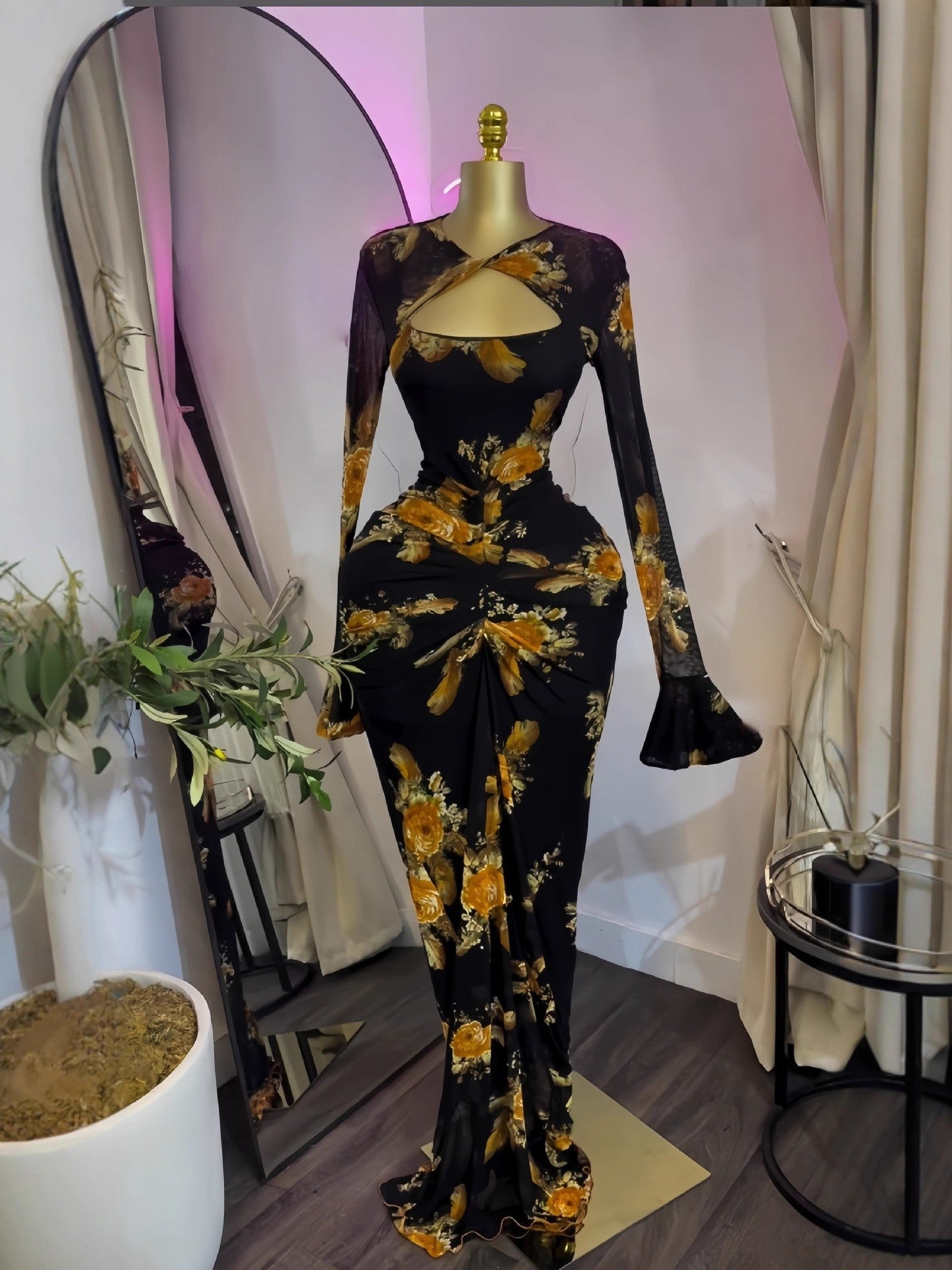 Long Sleeve Pleated High Waist Sexy Dress