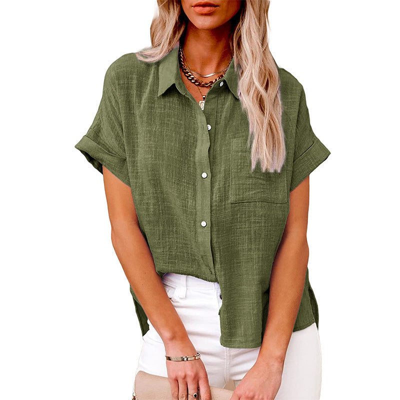 Women's Summer Solid Color Shirt Sleeve Cotton Casual Blouse