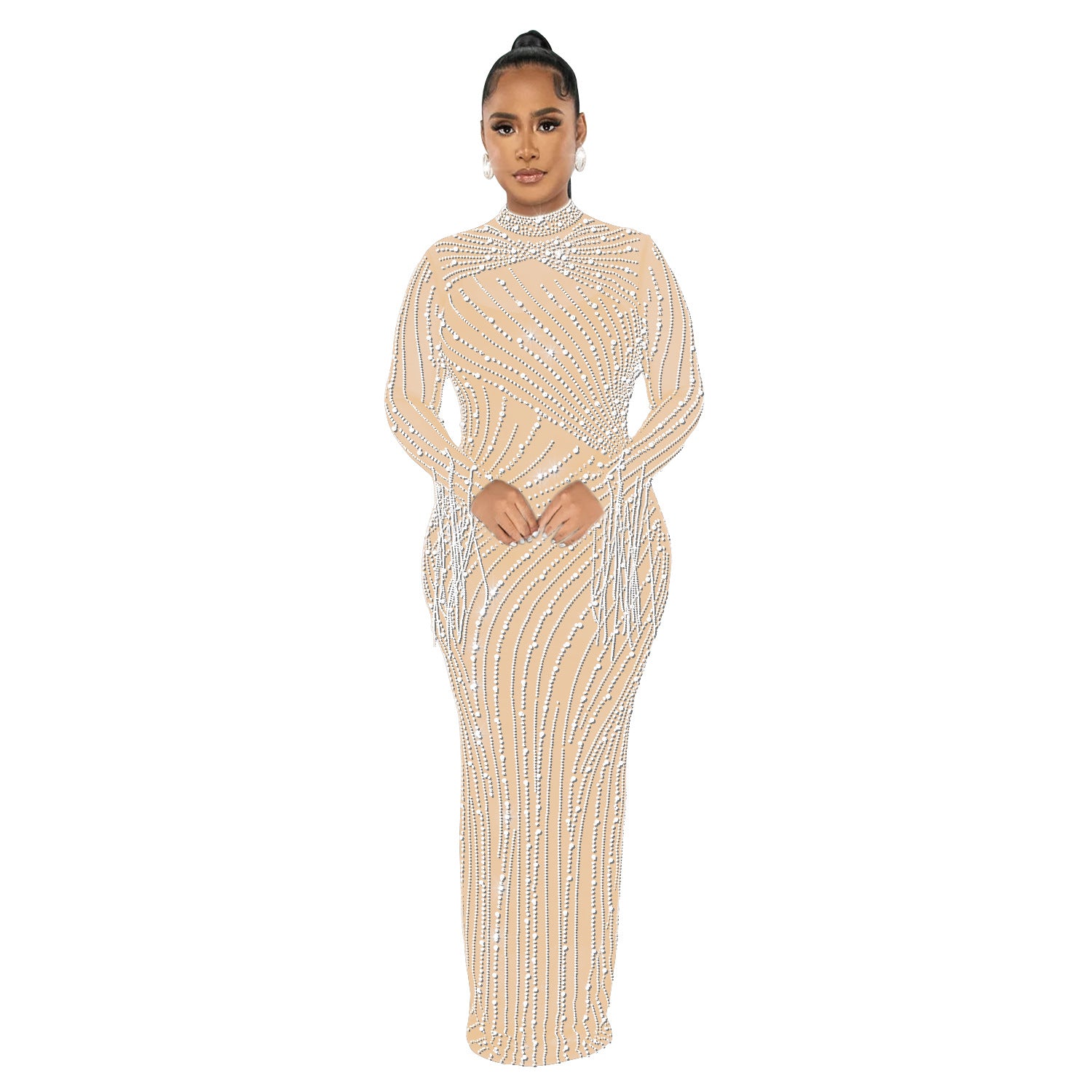 Women's Mesh Hot Drilling Long Sleeve Lining Two-piece Dress