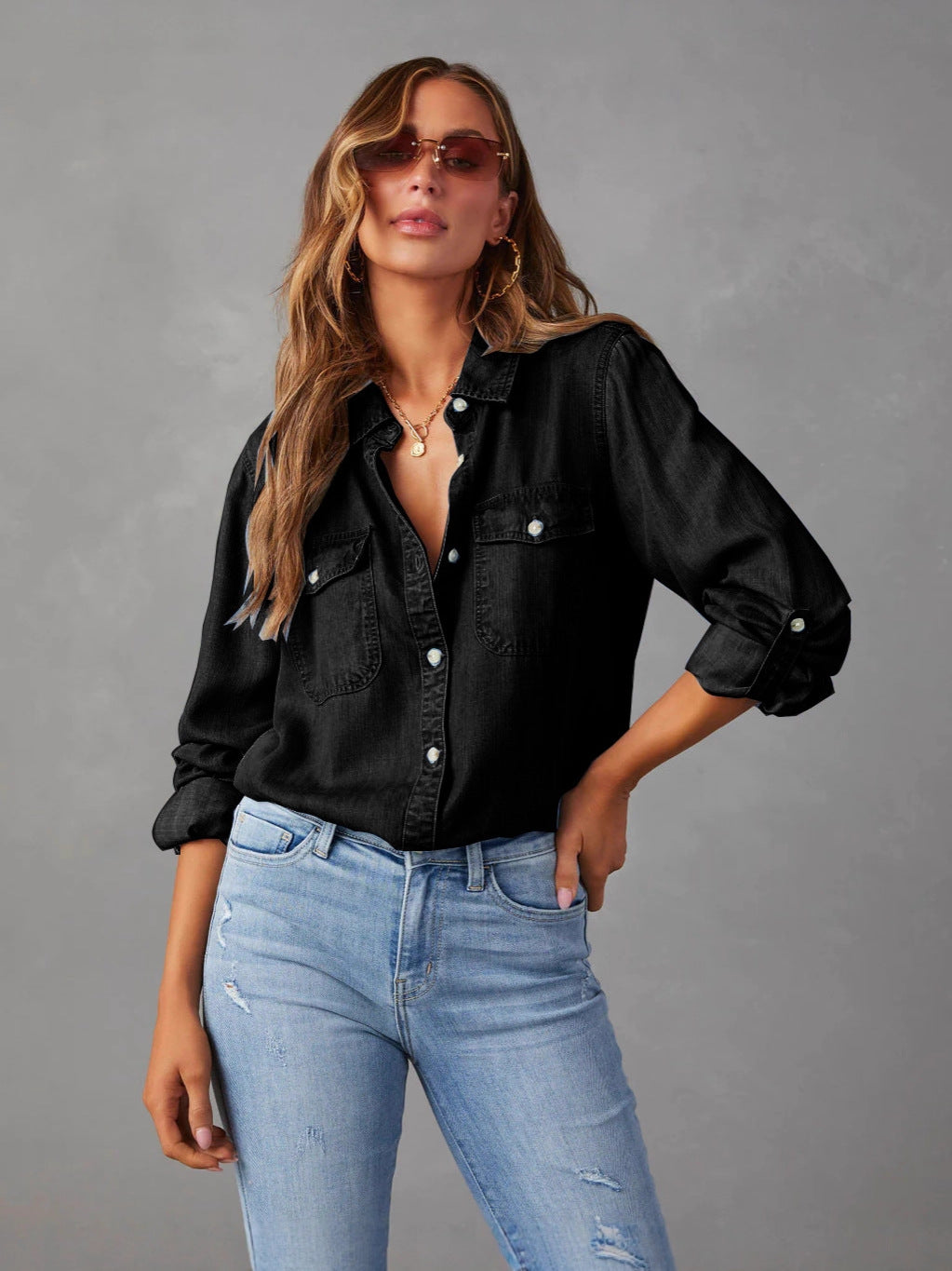 Women's Denim Shirt Autumn Fashion Casual Polo Collar Single-breasted Blouse