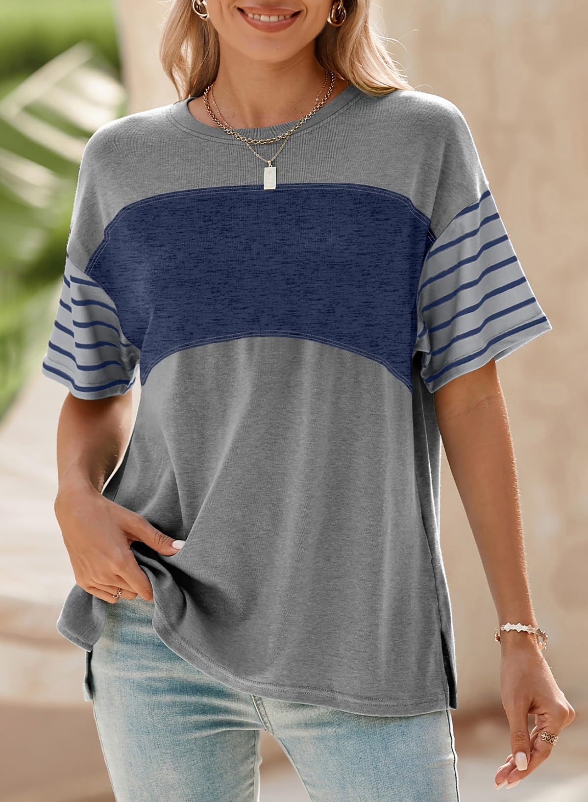 Women's Pullover Crew Neck Casual Striped Contrast Color Women's T-shirt