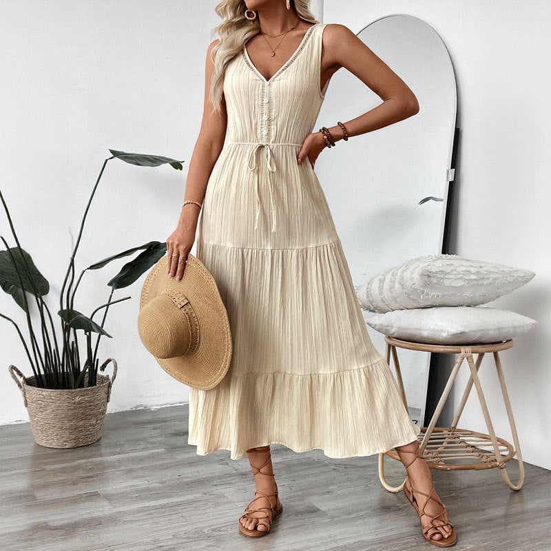 Unique Vacation Summer Texture Sleeveless Seaside Dress