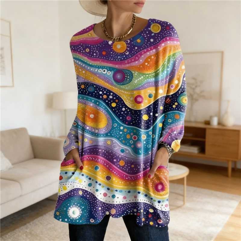 Women's Digital Printing Fashion Round Neck Mid-length Women's T-shirt