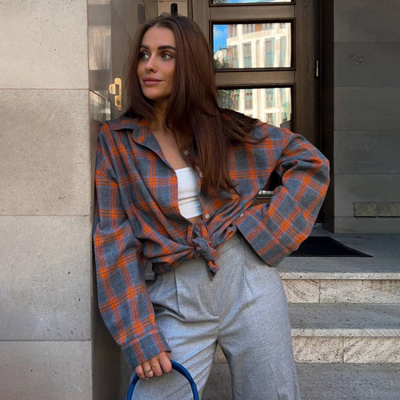 Women's Style Lapel Loose Shirt Autumn Plaid Long Blouse