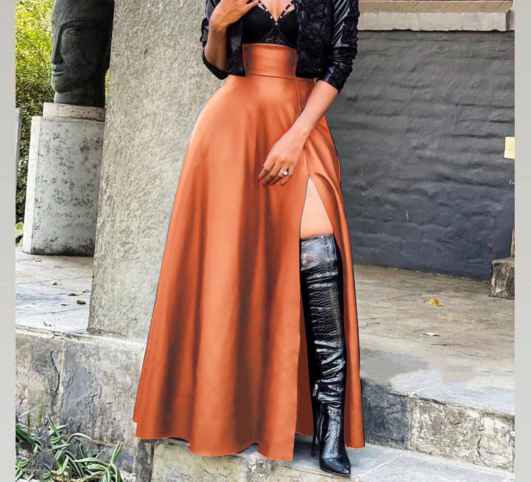 Classic Sexy Leather High Slit Irregular Skirts