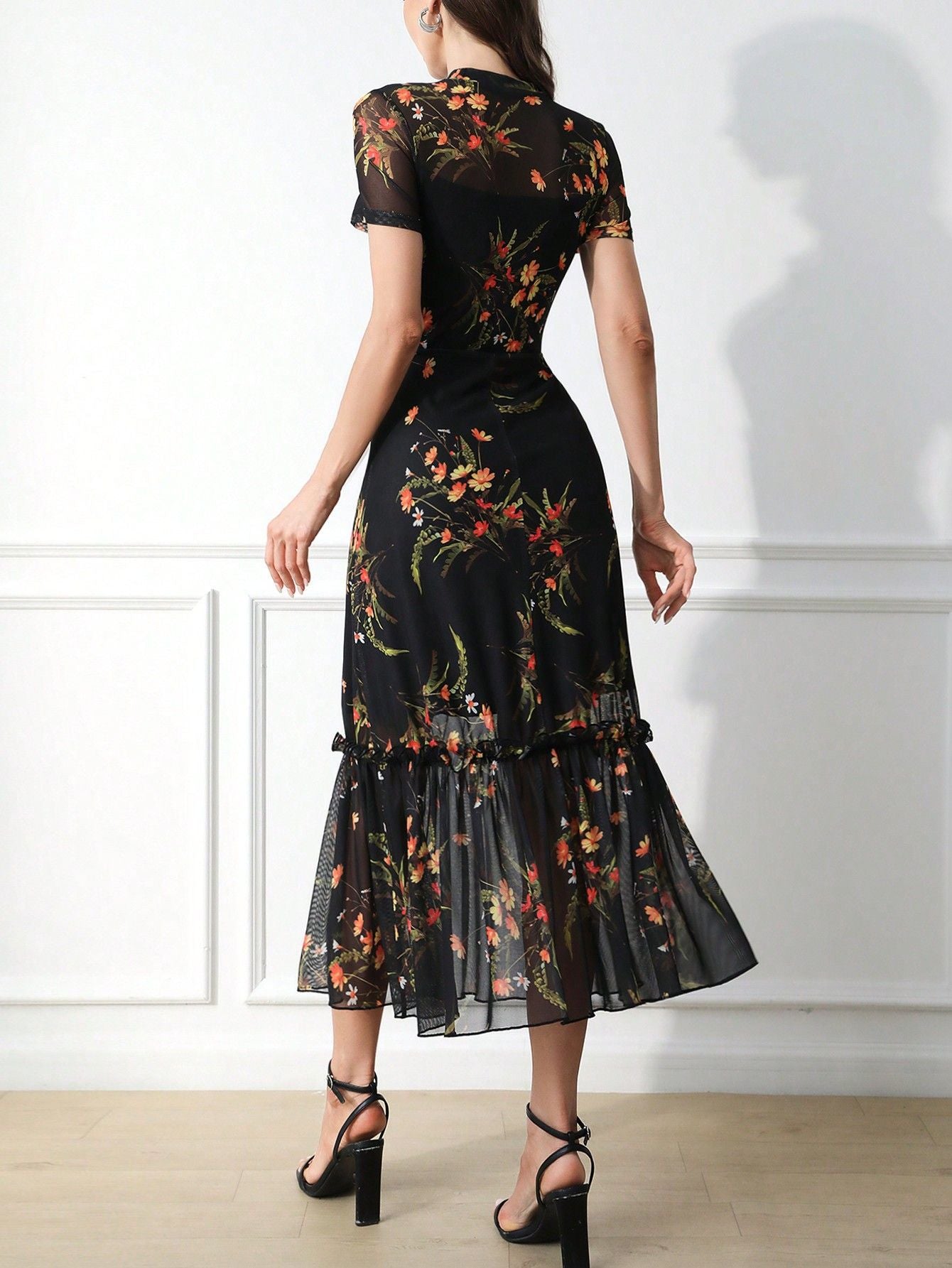 Dark Elegant Floral Print Sleeve Mesh Dress