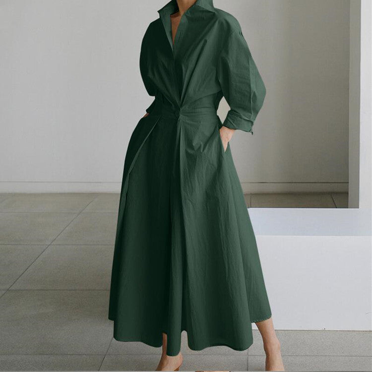 Commute Cotton Linen Solid Colored Lapel Collar Sleeve Elastic Waist Dress