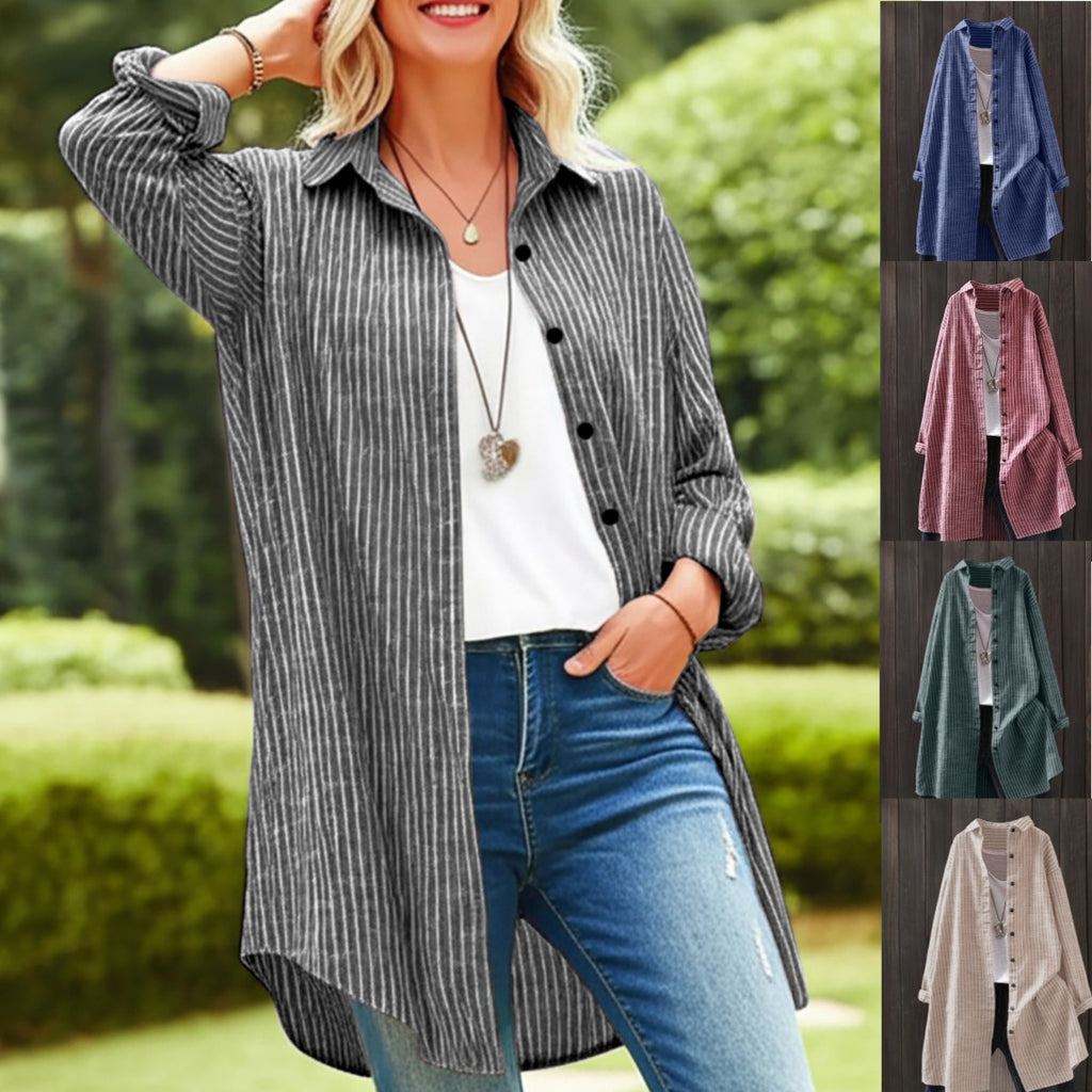 Women's Cotton Linen Striped Mid-length Long Sleeve Blouse