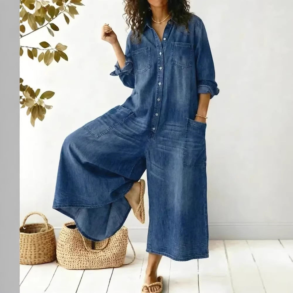 Women's Spring Clothes Fashion Sexy Single-breasted Shirtdress Jumpsuits