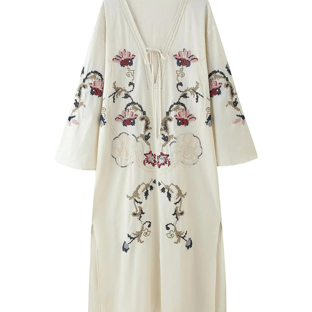 Classic Women's Vacation Embroidered Summer Flowers Dress