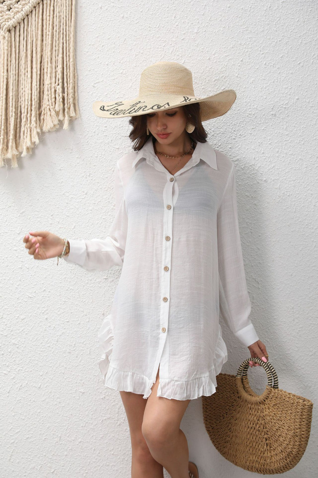 Women's Summer Slub Cotton Ruffle Vacation Style Beach Blouse