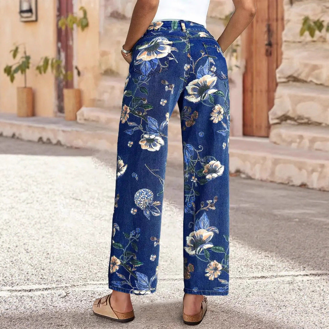 Pattern Straight High Waist Vintage Random Print Loose Jeans