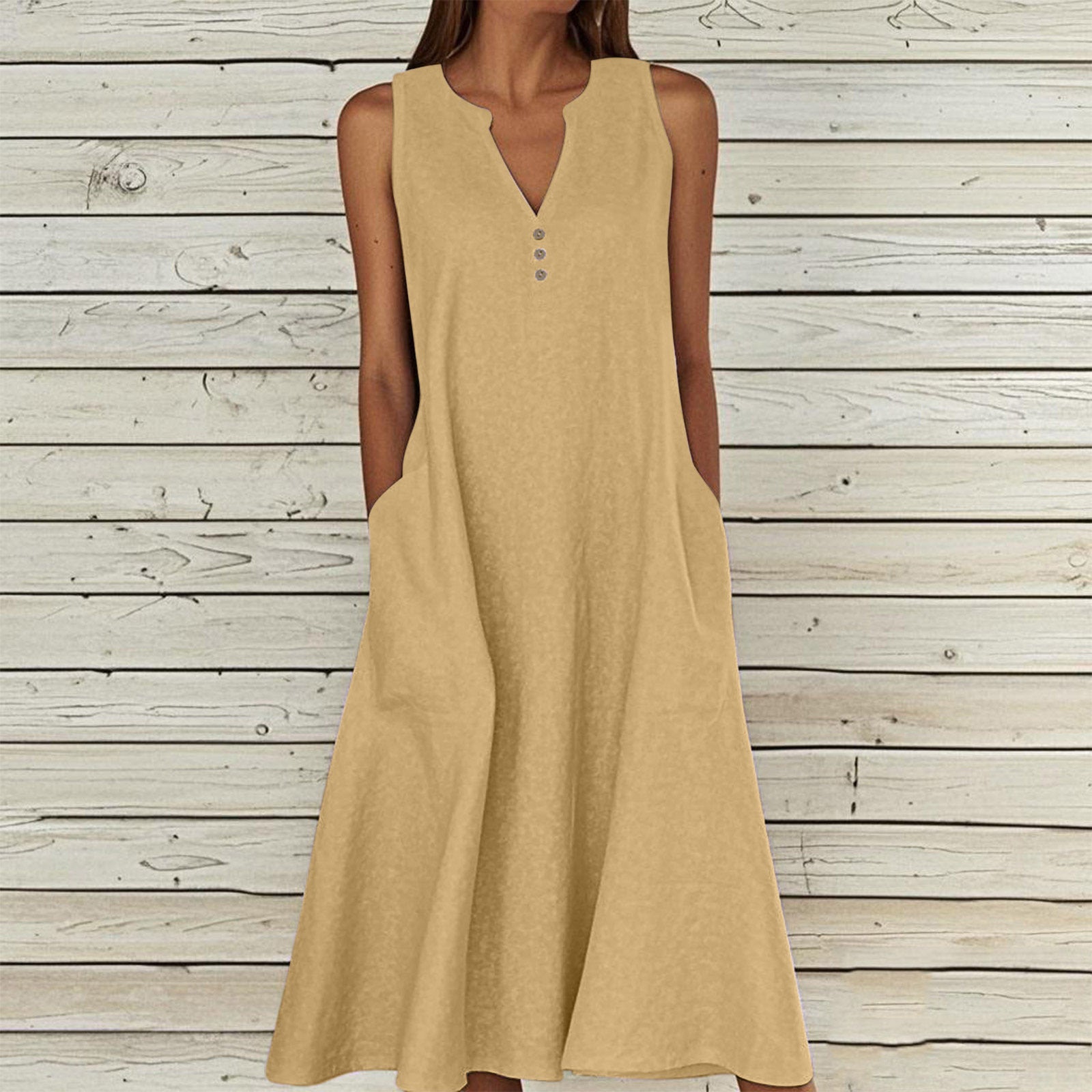Women's Linen Ethnic Greek Sleeve Maxi Sleeveless Dress