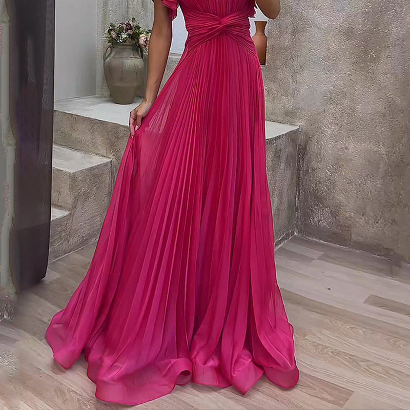 Fashion Round Neck Pleated Cross Solid Dress