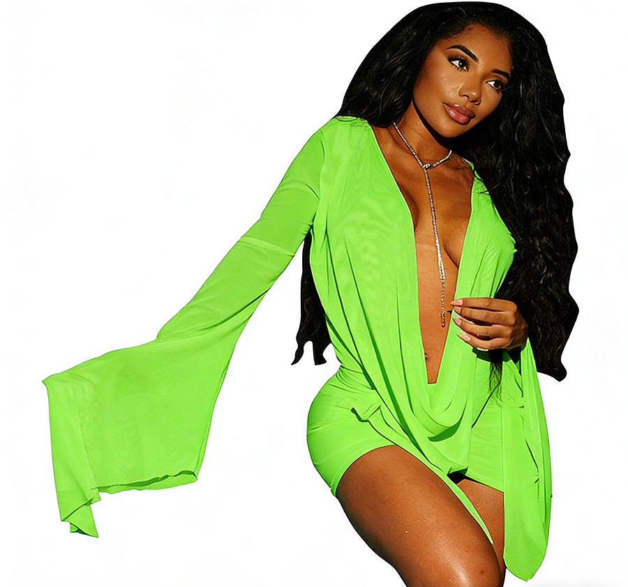 Women's Color Island Vacation Style Deep V Swing Collar Mesh Dress