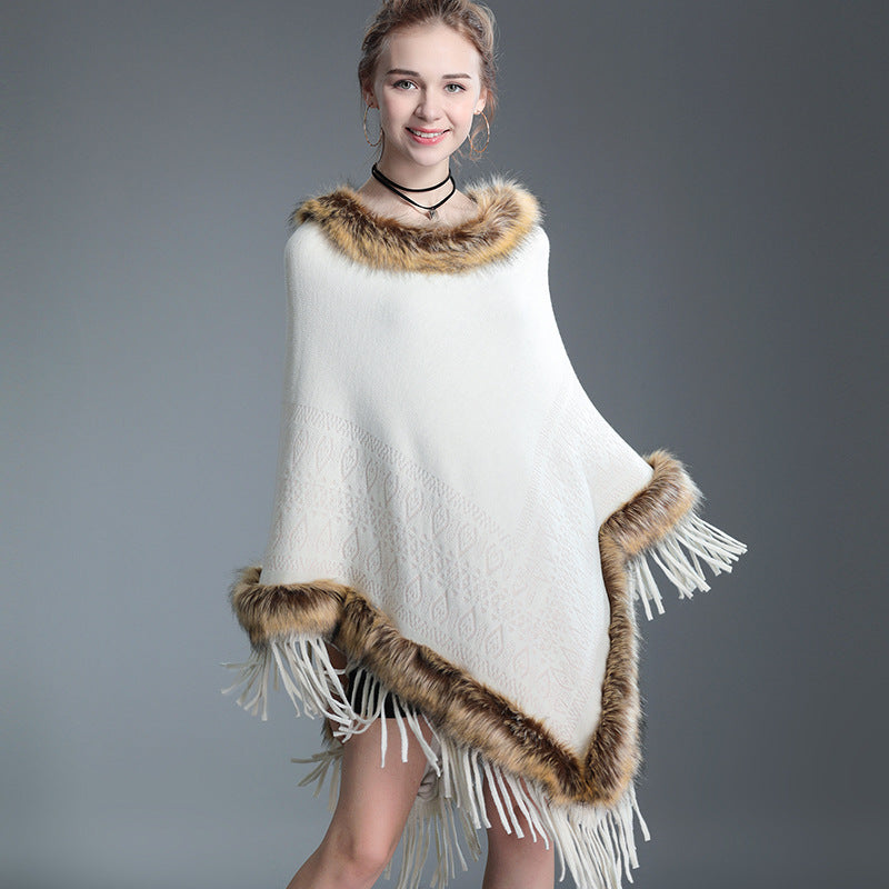 Women's Raccoon Fur Collar Shawl Cape Tassel Women's Sweater