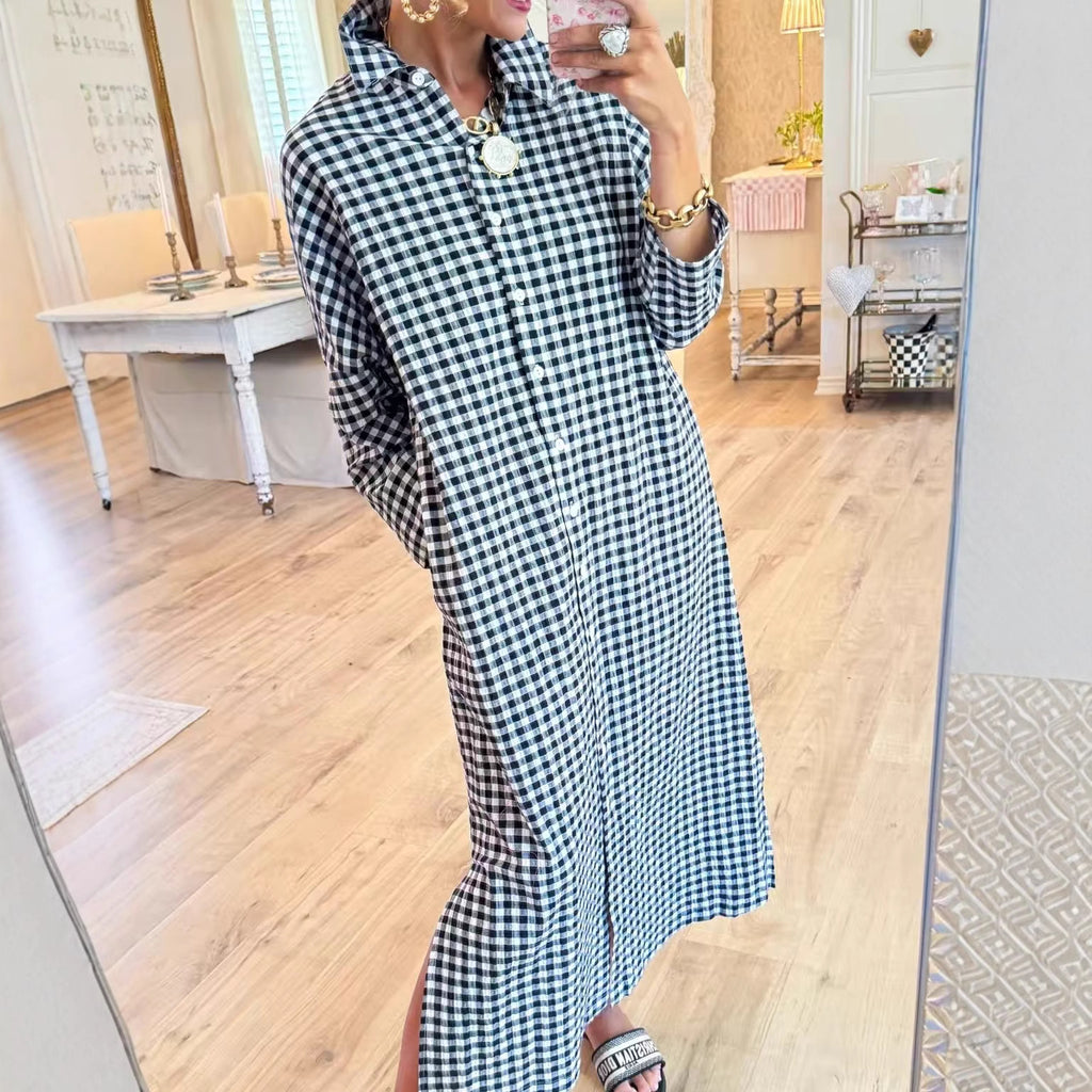 Women's Plaid Loose Slimming Side Slit Long Below The Knee Shirt Blouse
