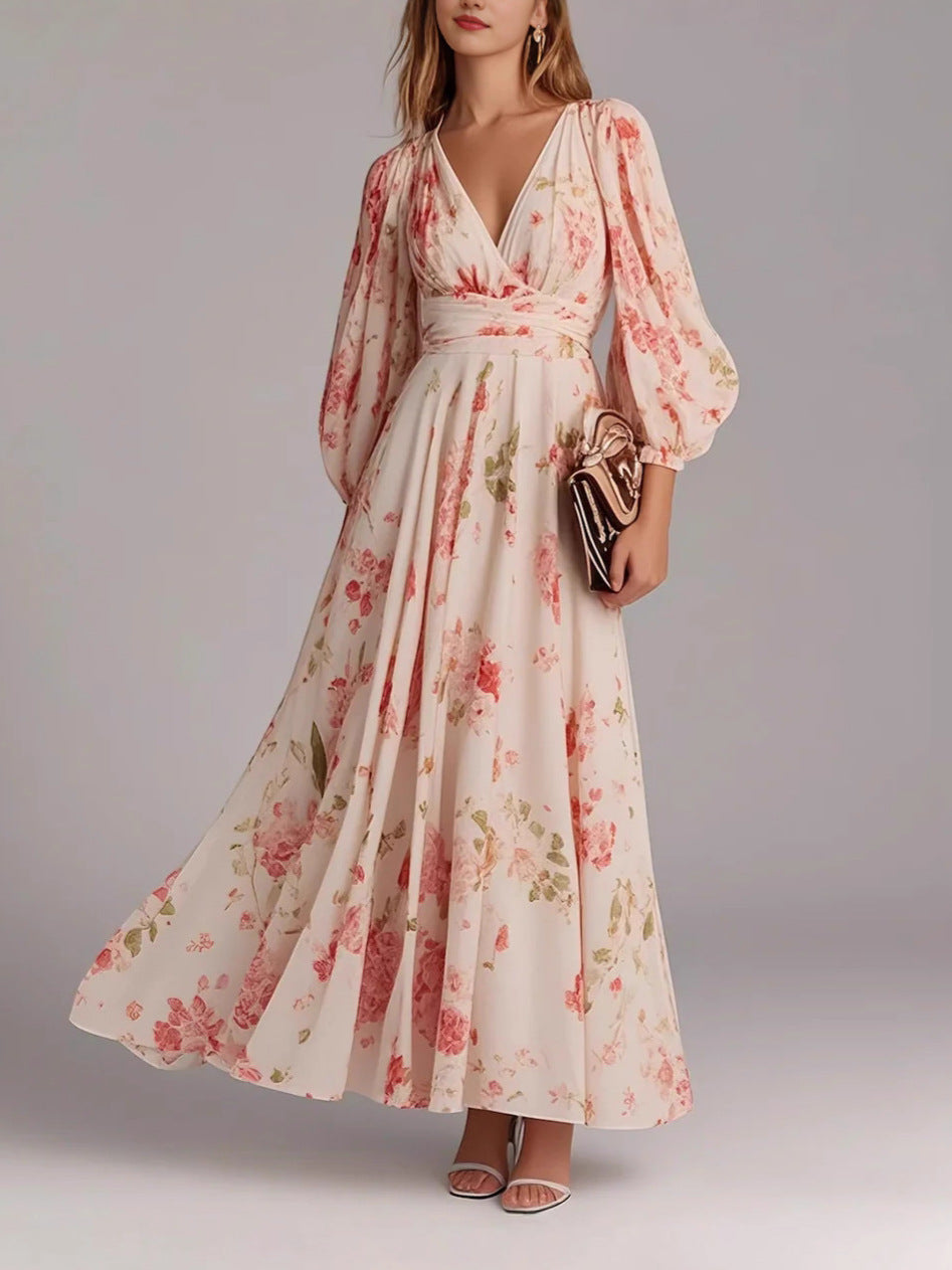 Vacation Style Lantern Sleeve Long French Dress