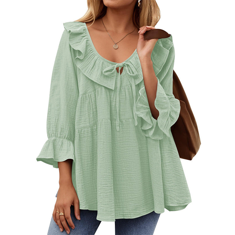 Women's Neck Tied Front Dart Loose Waist Women's T-shirt